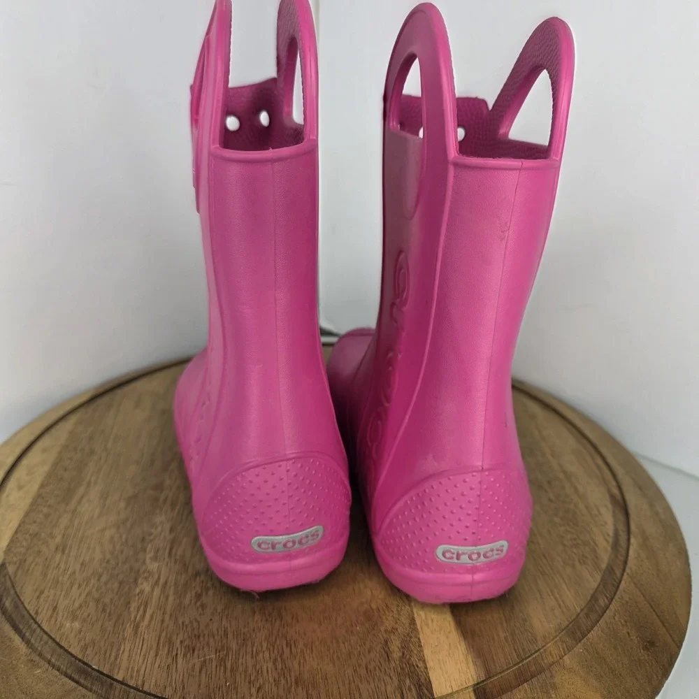 Crocs Kids Handle It Rain Boots Pink Crush J3 Easy On Off Large Handles